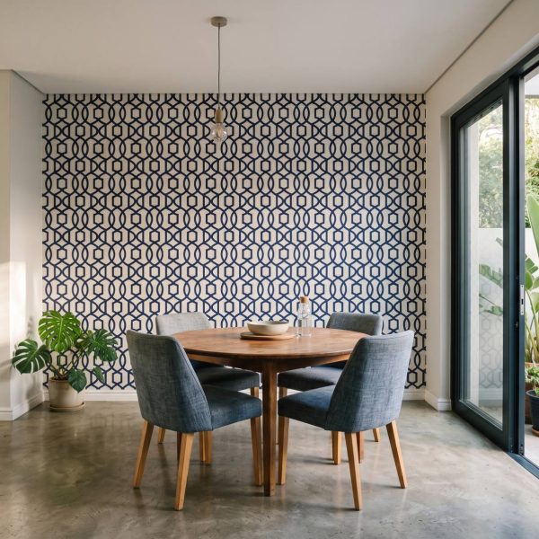 Pizazz Trellis Navy shown in a dining room