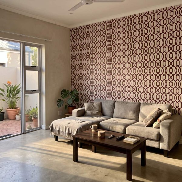 Pizazz Trellis Oxblood shown in a living room