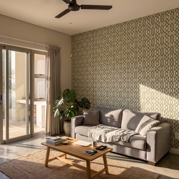 Pizazz Trellis Sage shown in a living room
