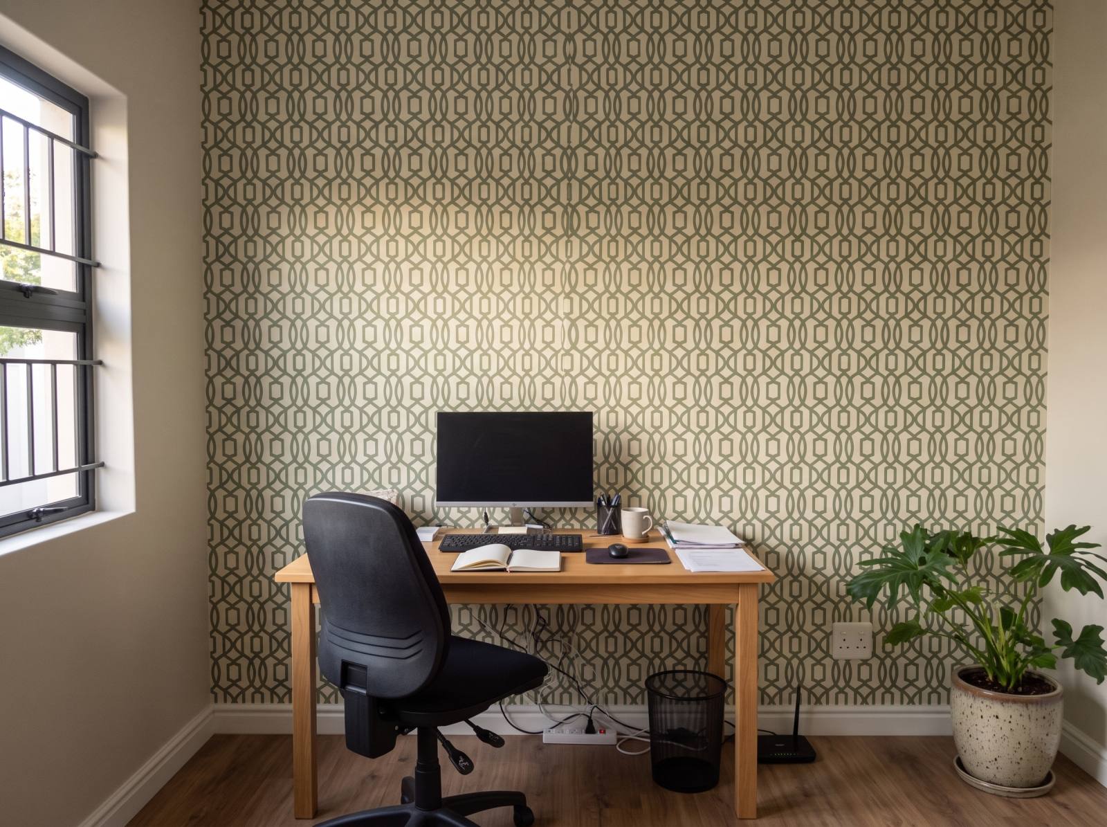Pizazz Trellis Sage 3 Wallpaper and Wall Murals South Africa Pizazz Trellis Sage shown in a home office