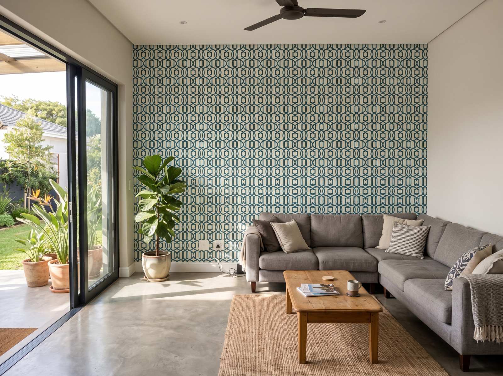 Pizazz Trellis Teal 1 Wallpaper and Wall Murals South Africa Pizazz Trellis Teal shown in a living room