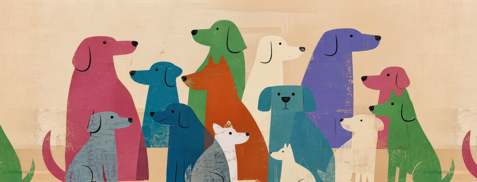 Playful Pups Parade 4 Wallpaper and Wall Murals South Africa Playful Pups Parade, dogs in pink, blue and green mural - WallpaperOnline