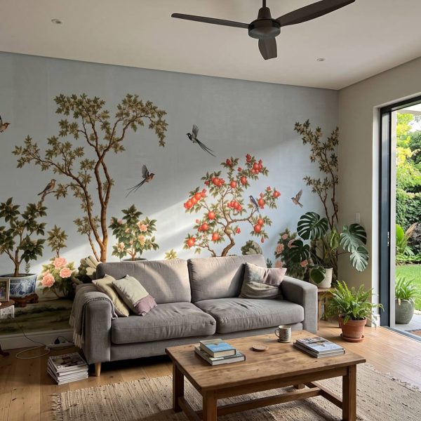 Scholars Garden Chinoiserie Sky shown in a living room