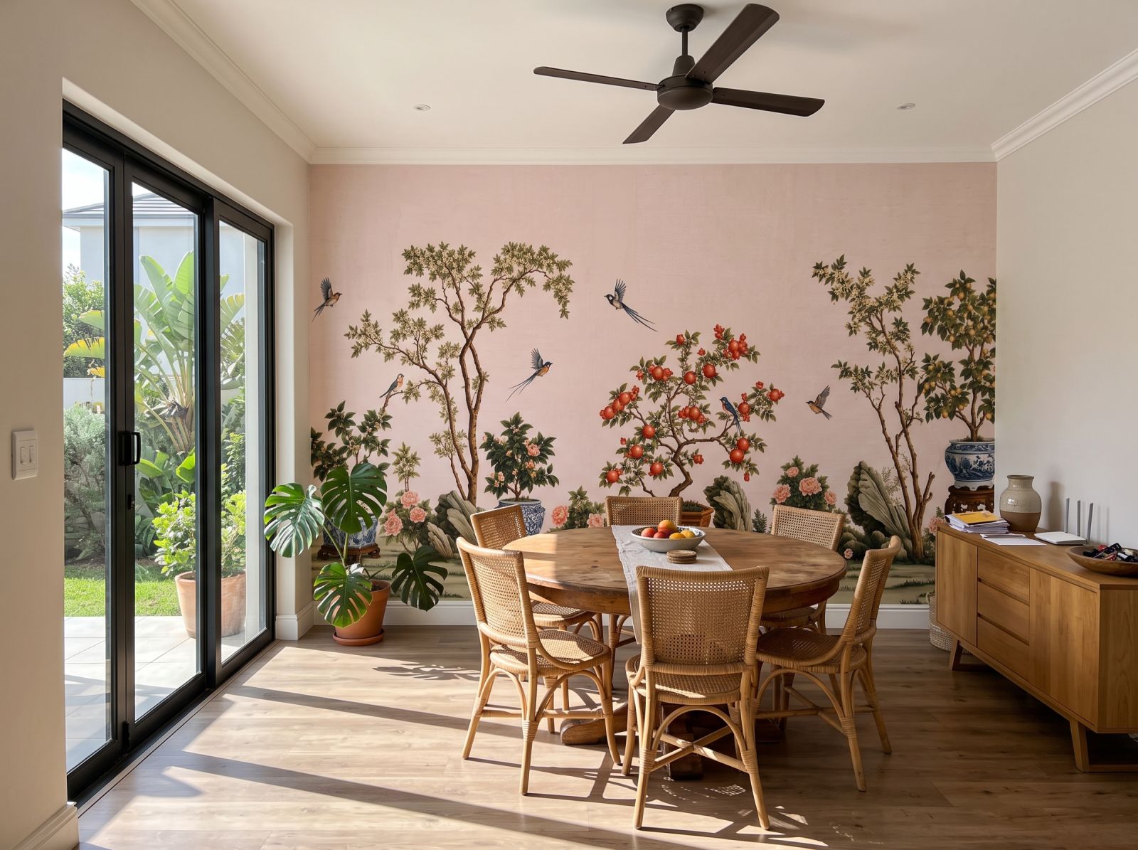 Scholars Garden Chinoiserie Blush 1 Wallpaper and Wall Murals South Africa Scholars Garden Chinoiserie Blush shown in a living room
