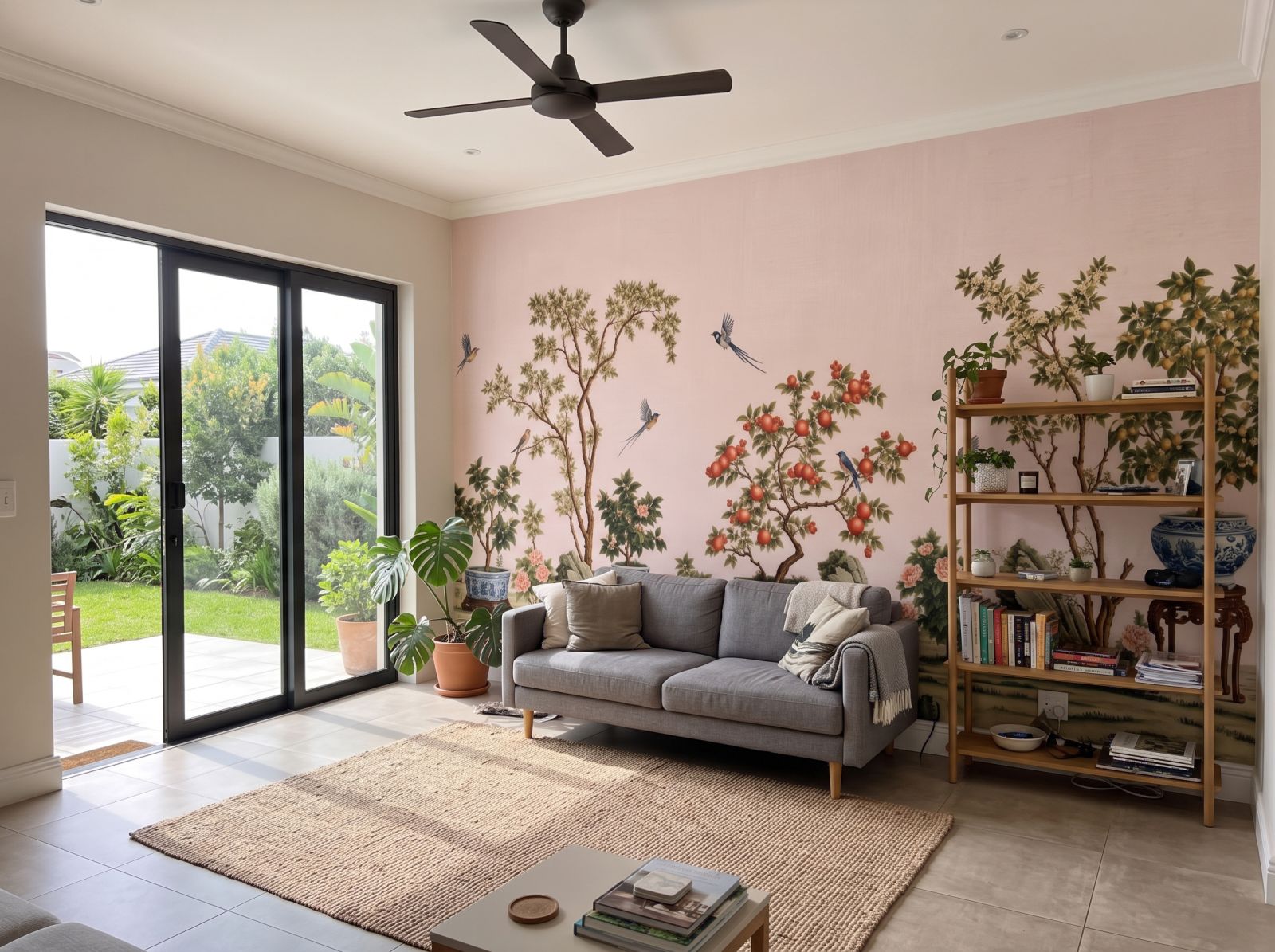 Scholars Garden Chinoiserie Blush 3 Wallpaper and Wall Murals South Africa Scholars Garden Chinoiserie Blush shown in a bedroom