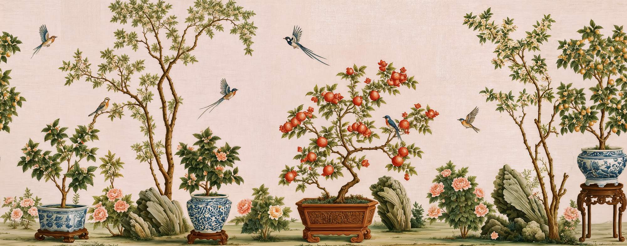Scholars Garden Chinoiserie Blush 2 Wallpaper and Wall Murals South Africa Scholars Garden Chinoiserie Blush, birds and pomegranate trees in blush, green and red mural - WallpaperOnline