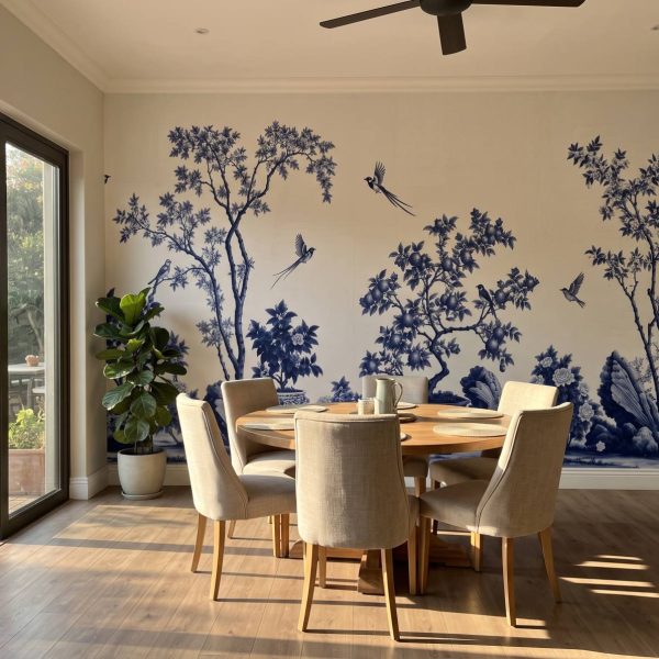 test color filter 7 Wallpaper and Wall Murals South Africa Scholars Garden Chinoiserie Delft shown in a living room