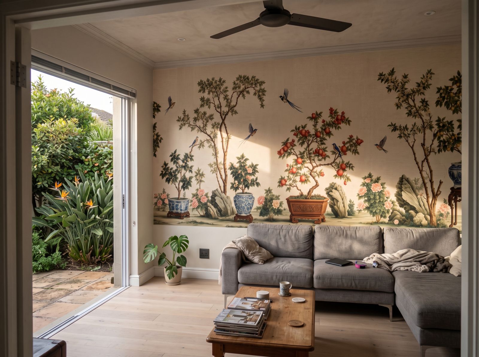 Scholars Garden Chinoiserie Antique 1 Wallpaper and Wall Murals South Africa Scholars Garden Chinoiserie Antique shown in a living room