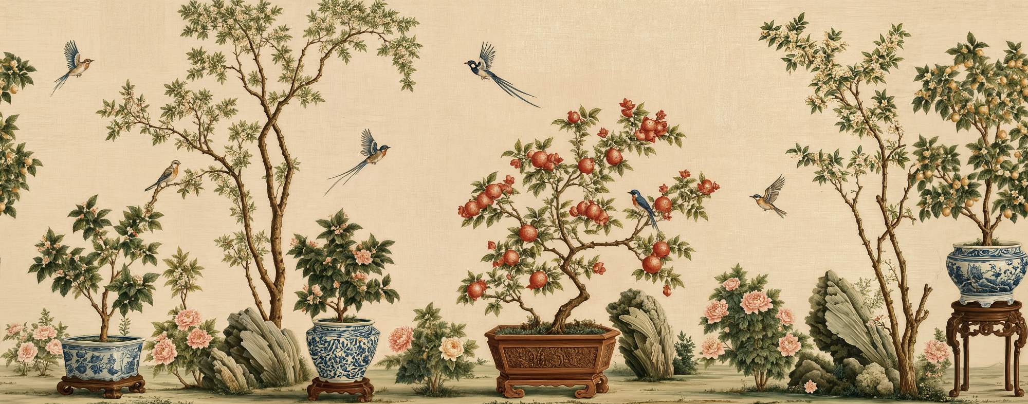 Scholars Garden Chinoiserie Antique 2 Wallpaper and Wall Murals South Africa Scholars Garden Chinoiserie Antique, blossom trees and birds in cream and green mural - WallpaperOnline