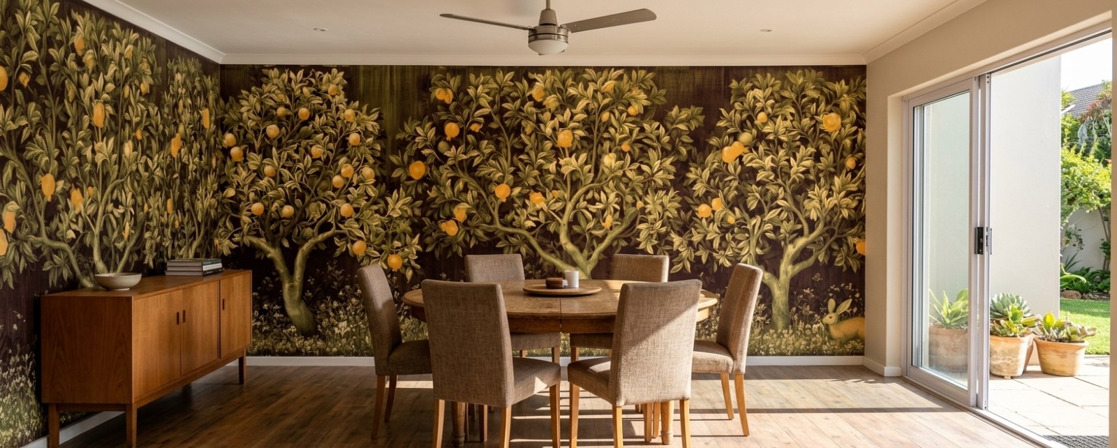 Orchard Tapestry Oxblood 1 Wallpaper and Wall Murals South Africa Orchard Tapestry Oxblood shown in a living room