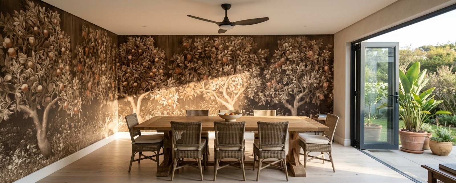 Orchard Tapestry Sepia 1 Wallpaper and Wall Murals South Africa Orchard Tapestry Sepia shown in a living room