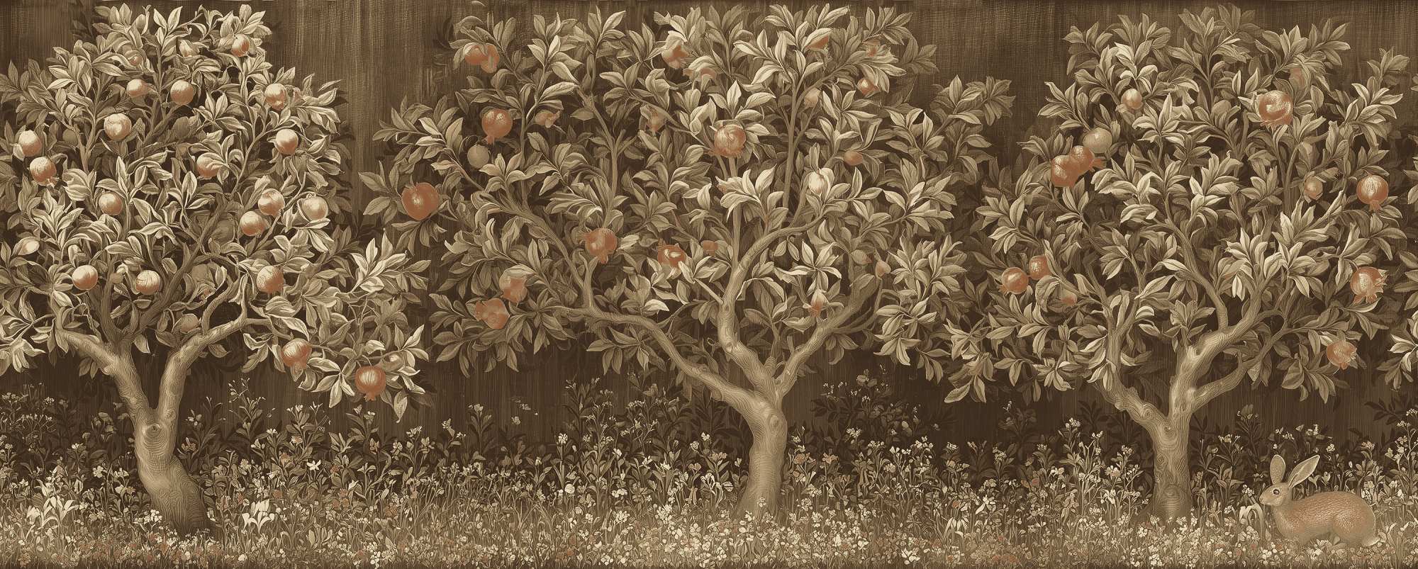 Orchard Tapestry Sepia 2 Wallpaper and Wall Murals South Africa Orchard Tapestry Sepia, pomegranate orchard in sepia and terracotta mural - WallpaperOnline