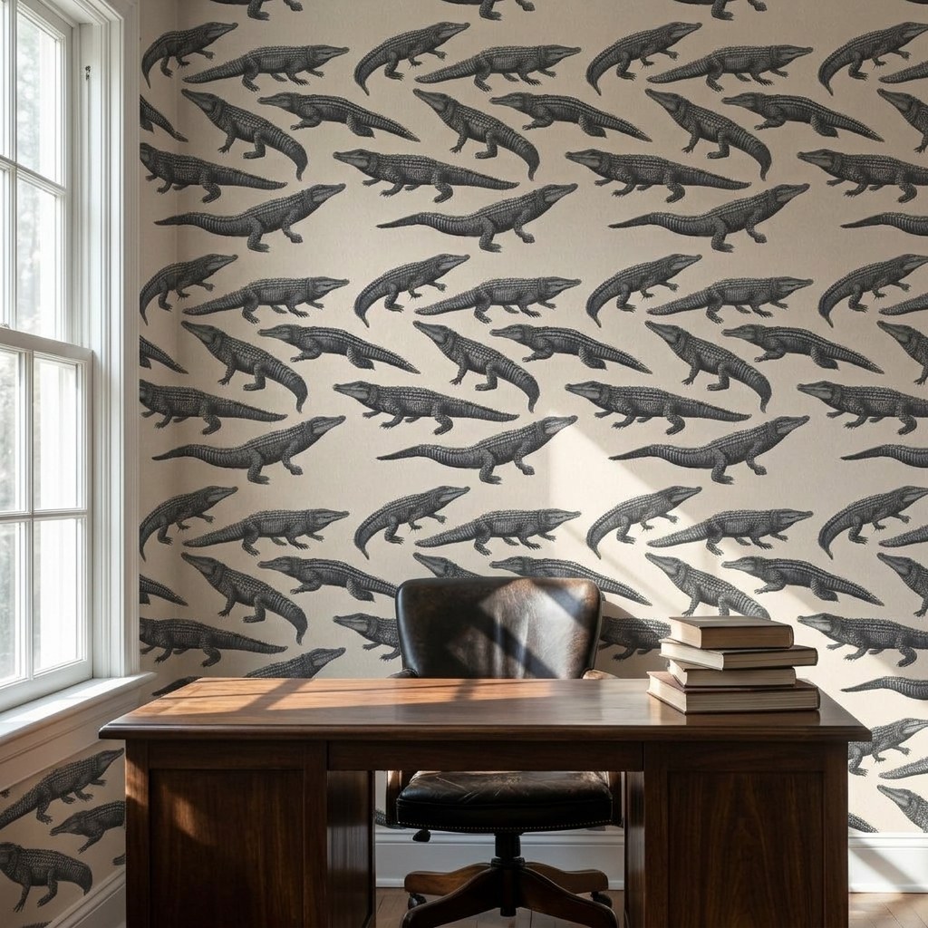 Smile Crocodile Charcoal 2 Wallpaper and Wall Murals South Africa Smile Crocodile Charcoal shown in a living room