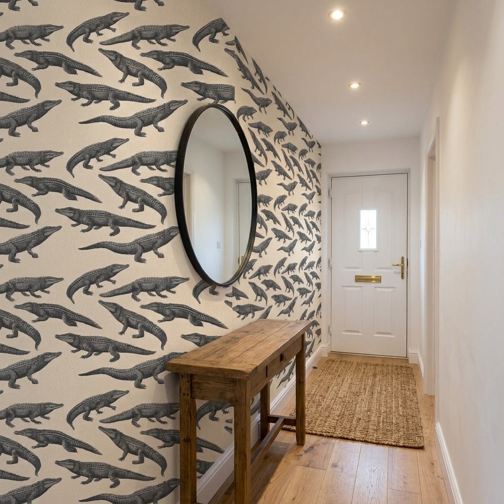 Smile Crocodile Charcoal 1 Wallpaper and Wall Murals South Africa Smile Crocodile Charcoal shown in a bedroom