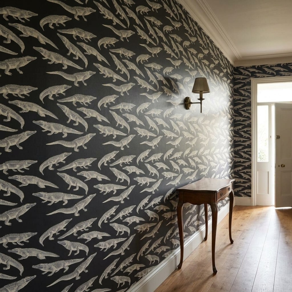 Monochrome Crocodile Shoal 2 Wallpaper and Wall Murals South Africa Monochrome Crocodile Shoal shown in a living room