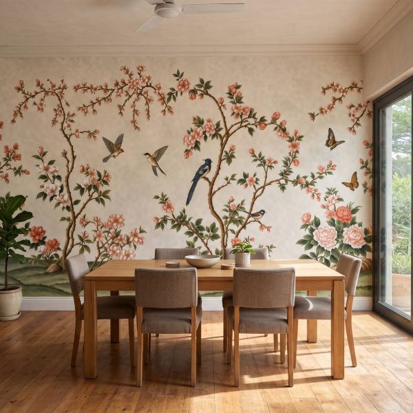 test color filter 1 Wallpaper and Wall Murals South Africa Spring Hillside Chinoiserie Mural Ivory shown in a living room