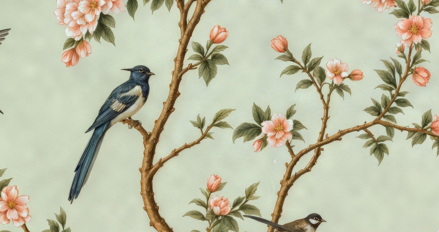 Spring Hillside Chinoiserie Mural Celadon 5 Wallpaper and Wall Murals South Africa Spring Hillside Chinoiserie Mural Celadon close-up showing texture and colour