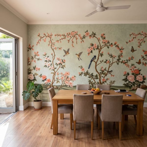 test color filter 2 Wallpaper and Wall Murals South Africa Spring Hillside Chinoiserie Mural Celadon shown in a living room