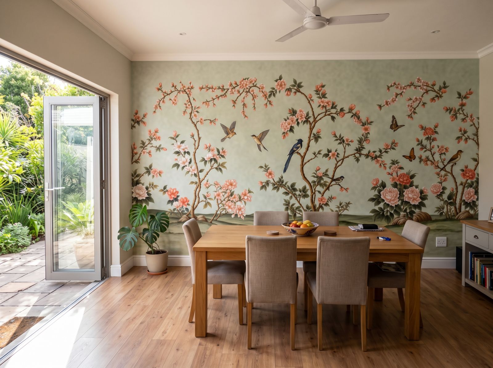 Spring Hillside Chinoiserie Mural Celadon 1 Wallpaper and Wall Murals South Africa Spring Hillside Chinoiserie Mural Celadon shown in a living room