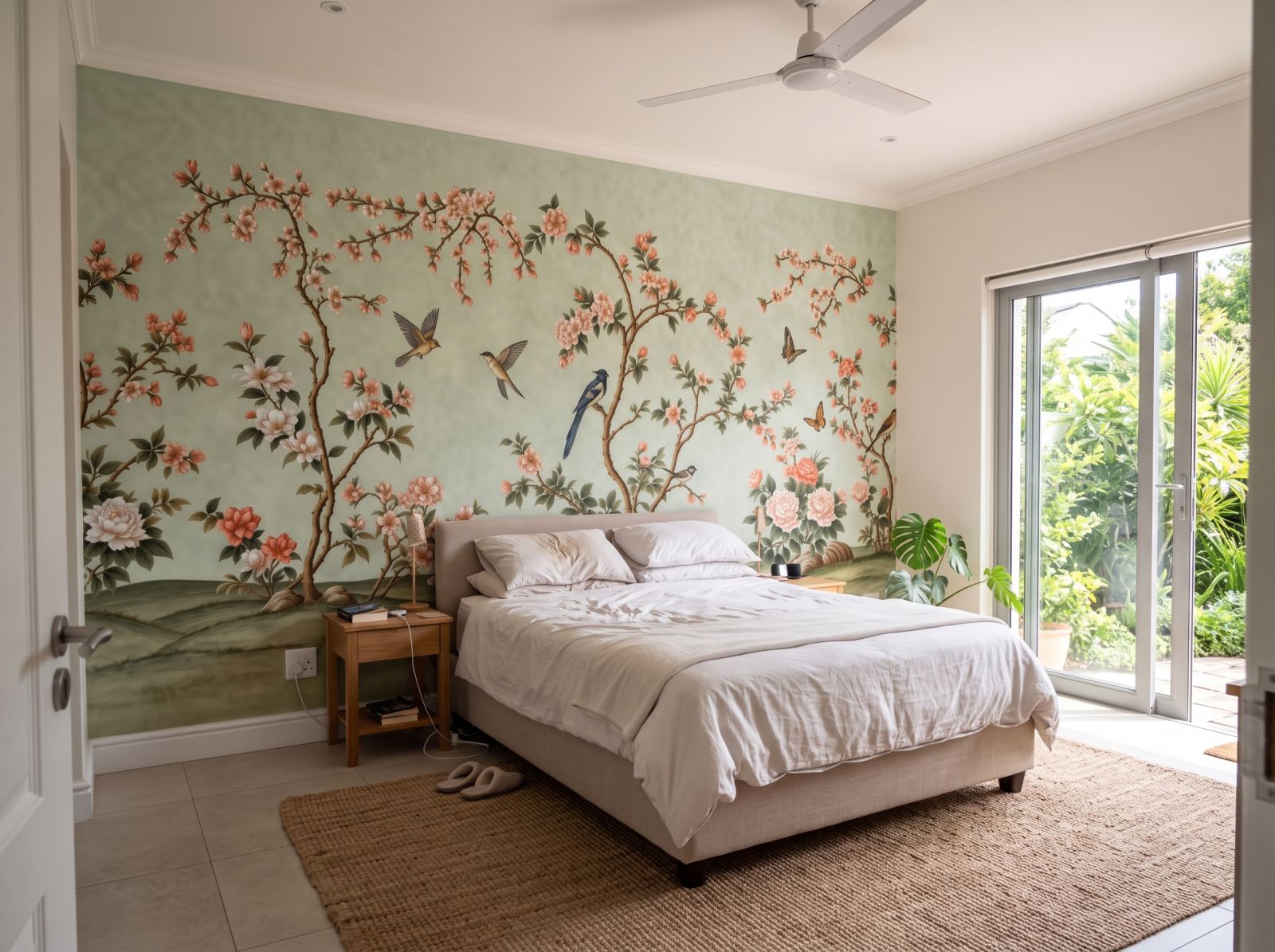 Spring Hillside Chinoiserie Mural Celadon 3 Wallpaper and Wall Murals South Africa Spring Hillside Chinoiserie Mural Celadon shown in a bedroom