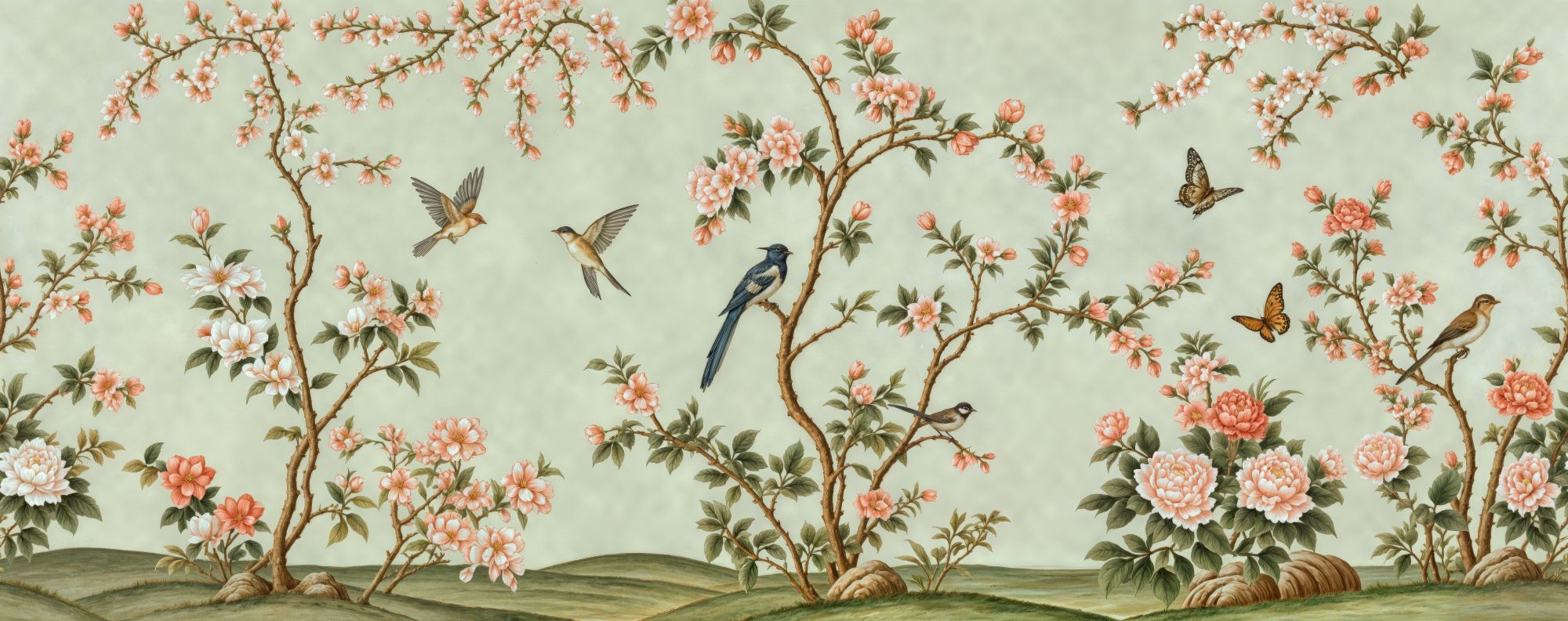 Spring Hillside Chinoiserie Mural Celadon 2 Wallpaper and Wall Murals South Africa Spring Hillside Chinoiserie Mural Celadon, birds and blossom branches in green and pink mural - WallpaperOnline