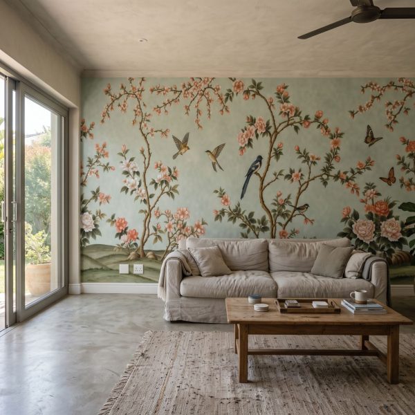 Spring Hillside Chinoiserie Mural Duck Egg shown in a living room
