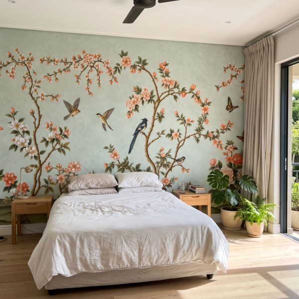 test color filter 3 Wallpaper and Wall Murals South Africa Spring Hillside Chinoiserie Mural Duck Egg shown in a living room