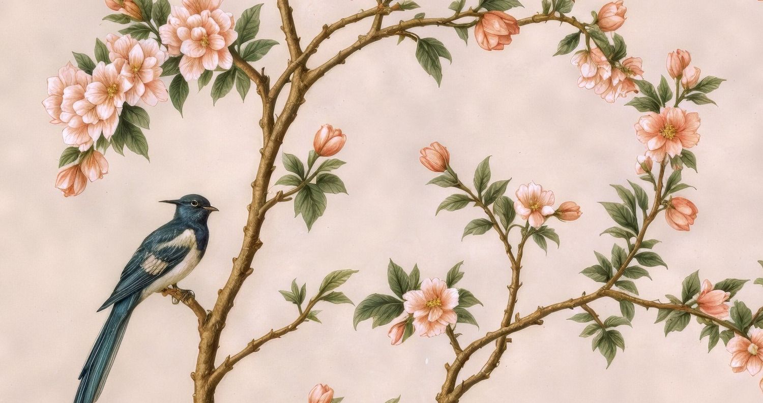 Spring Hillside Chinoiserie Mural Blush 5 Wallpaper and Wall Murals South Africa Spring Hillside Chinoiserie Mural Blush close-up showing texture and colour