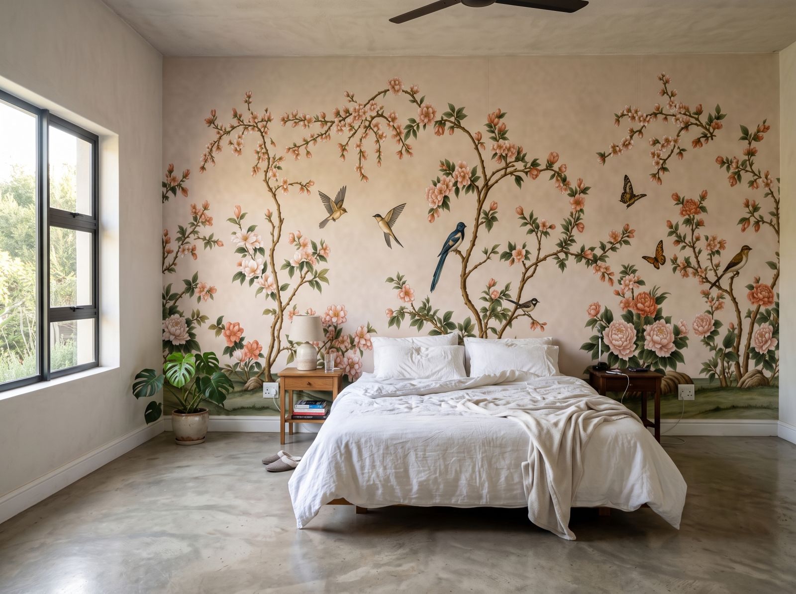 New Chinoiserie Wallpaper Murals: Spring Hillside & Scholars Garden 2 Wallpaper and Wall Murals South Africa Spring Hillside blush chinoiserie mural with cherry blossom and birds behind a bed