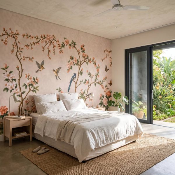 test color filter 4 Wallpaper and Wall Murals South Africa Spring Hillside Chinoiserie Mural Blush shown in a living room