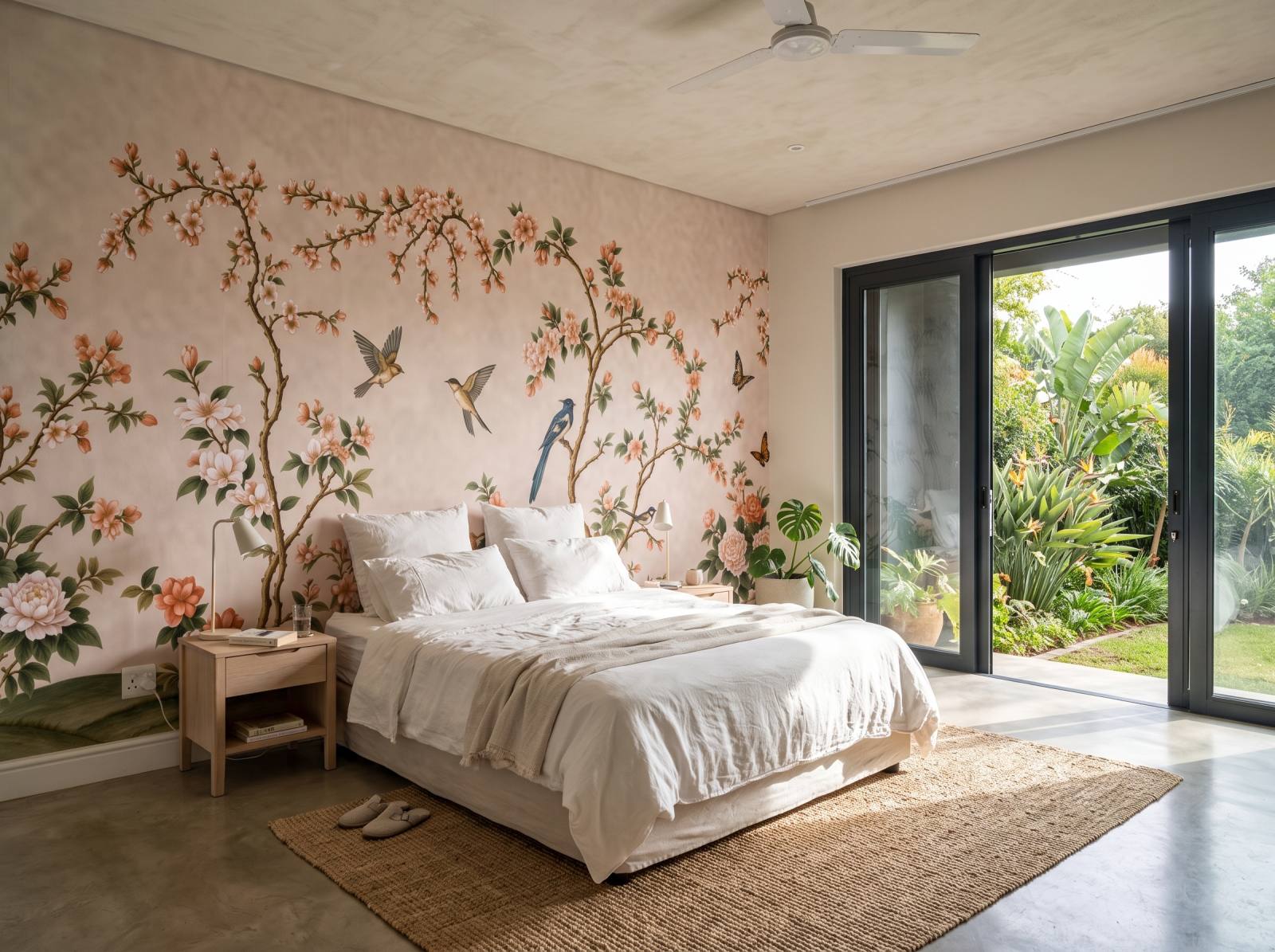Spring Hillside Chinoiserie Mural Blush 1 Wallpaper and Wall Murals South Africa Spring Hillside Chinoiserie Mural Blush shown in a living room