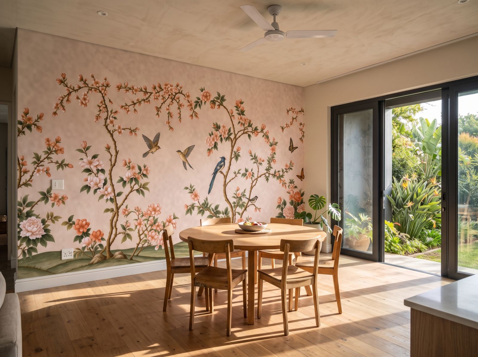 Spring Hillside Chinoiserie Mural Blush 3 Wallpaper and Wall Murals South Africa Spring Hillside Chinoiserie Mural Blush shown in a bedroom