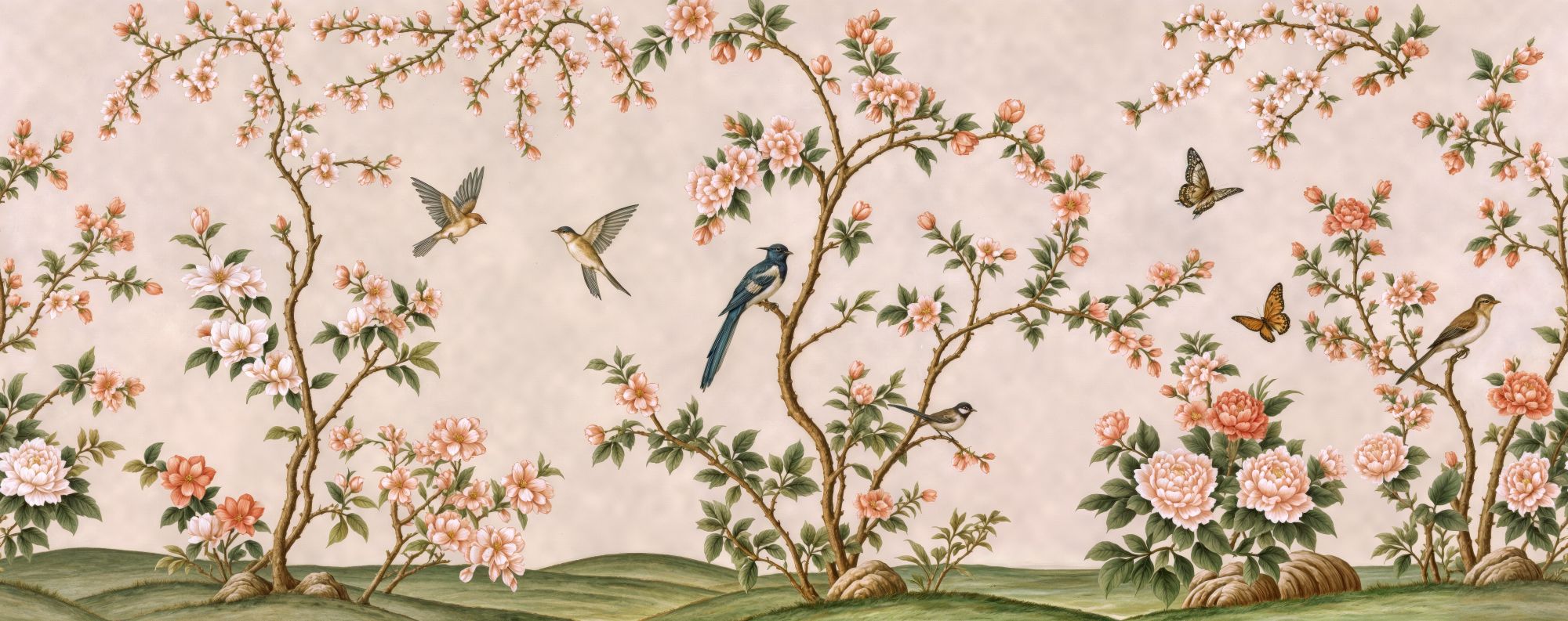 Spring Hillside Chinoiserie Mural Blush 2 Wallpaper and Wall Murals South Africa Spring Hillside Chinoiserie Mural Blush, birds and blossom branches in blush pink and green mural - WallpaperOnline