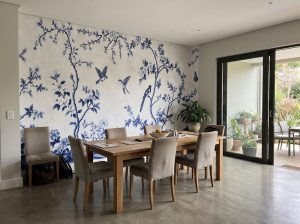 Dillon Warren Wallpaper Expert 2 Wallpaper and Wall Murals South Africa Spring Hillside Chinoiserie Mural Delft shown in a dining room