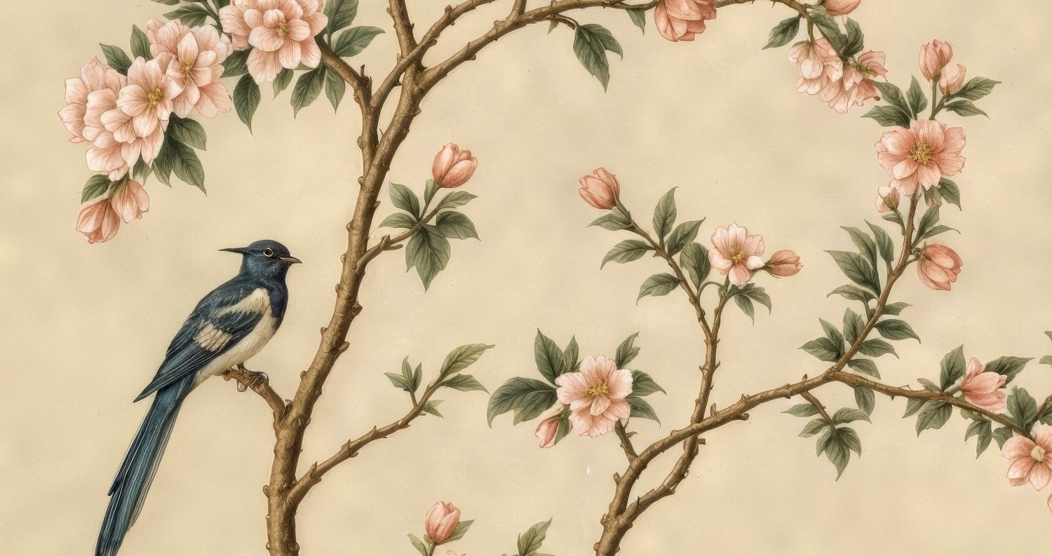 Spring Hillside Chinoiserie Mural Antique 5 Wallpaper and Wall Murals South Africa Spring Hillside Chinoiserie Mural Antique close-up showing texture and colour