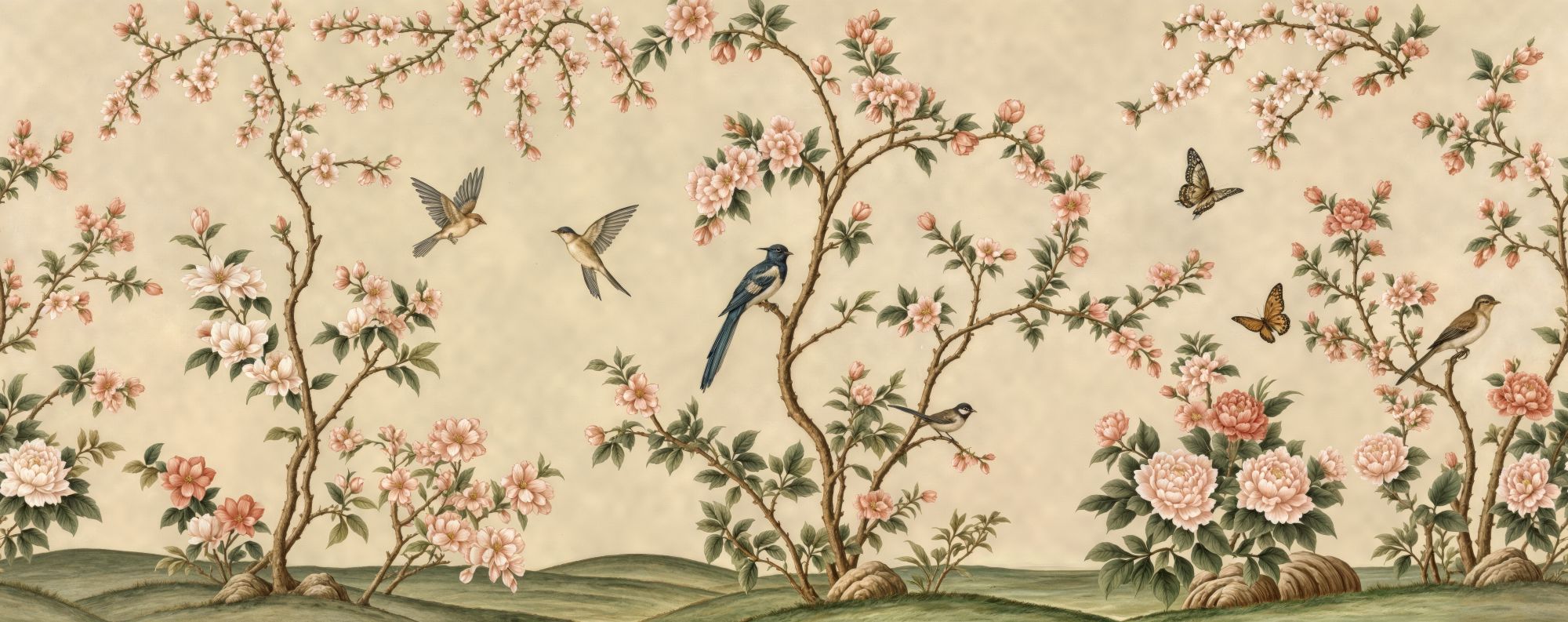 Spring Hillside Chinoiserie Mural Antique 2 Wallpaper and Wall Murals South Africa Spring Hillside Chinoiserie Mural Antique, birds and blossom branches in cream, pink and green mural - WallpaperOnline