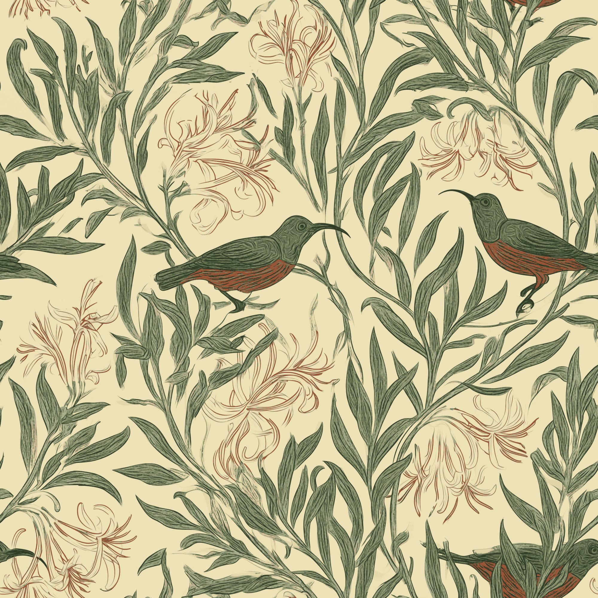 Sugarbird Butter 1 Wallpaper and Wall Murals South Africa Sugarbird Butter, birds and flowers in green and rust wallpaper - WallpaperOnline
