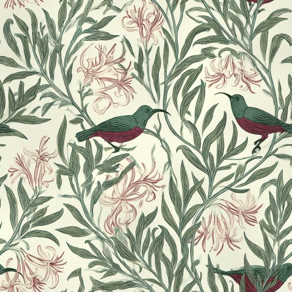 Sugarbird Engraved, birds and foliage in green, maroon and cream wallpaper - WallpaperOnline