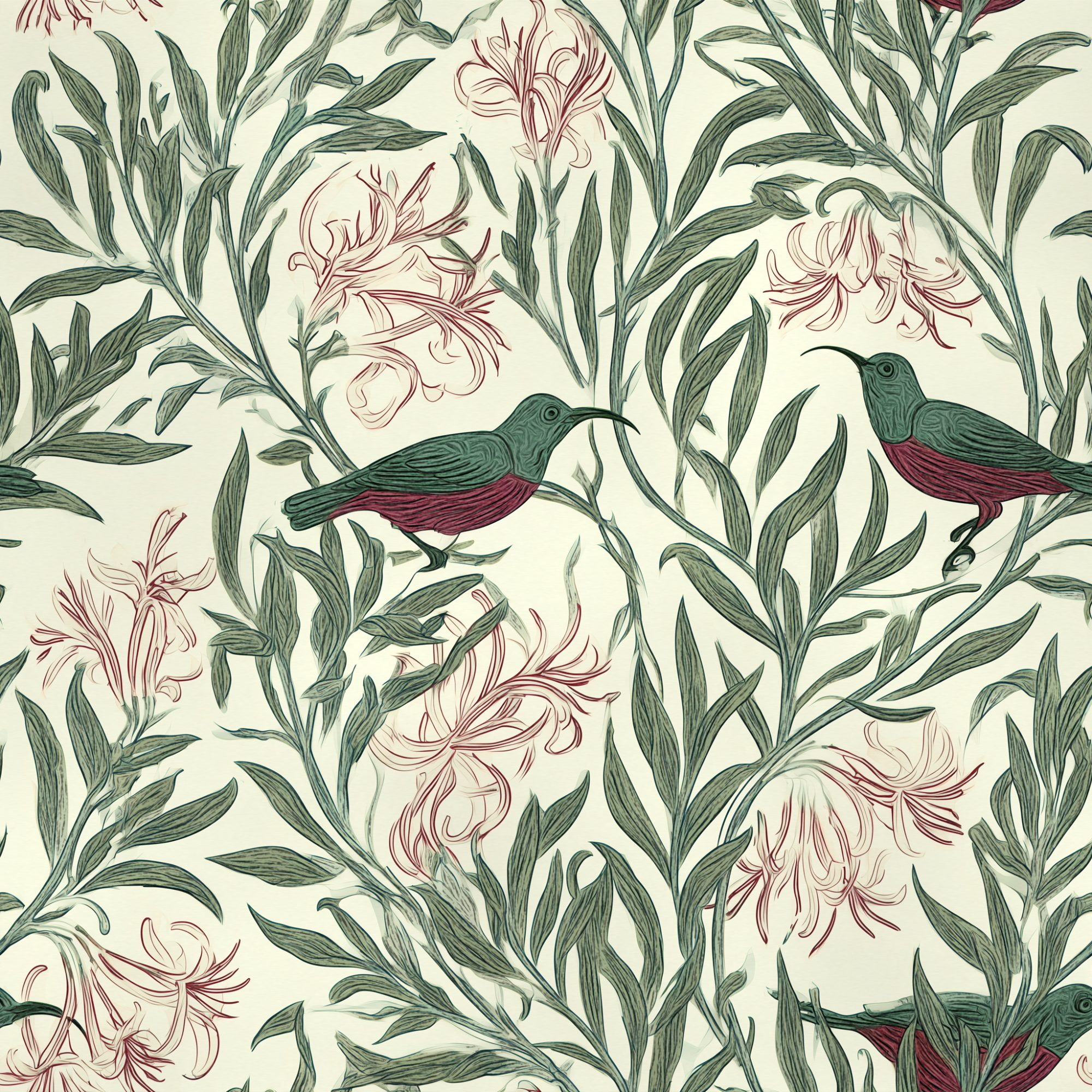 Sugarbird Engraved 1 Wallpaper and Wall Murals South Africa Sugarbird Engraved, birds and foliage in green, maroon and cream wallpaper - WallpaperOnline