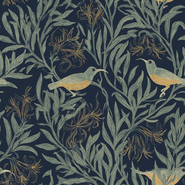 Sugarbird Ink, sugarbird and foliage in navy, sage green and mustard wallpaper - WallpaperOnline