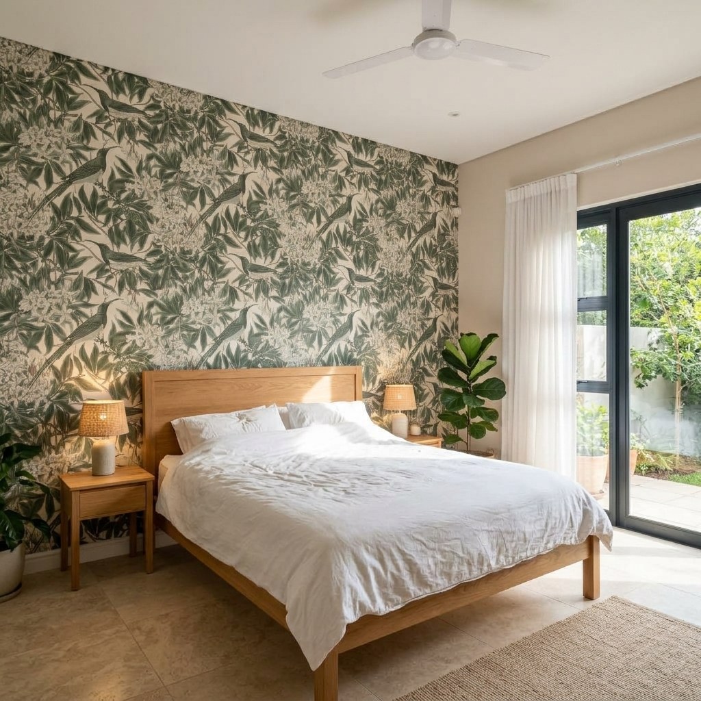 Sunbird Bower Tonal 3 Wallpaper and Wall Murals South Africa Sunbird Bower Tonal shown in a bedroom