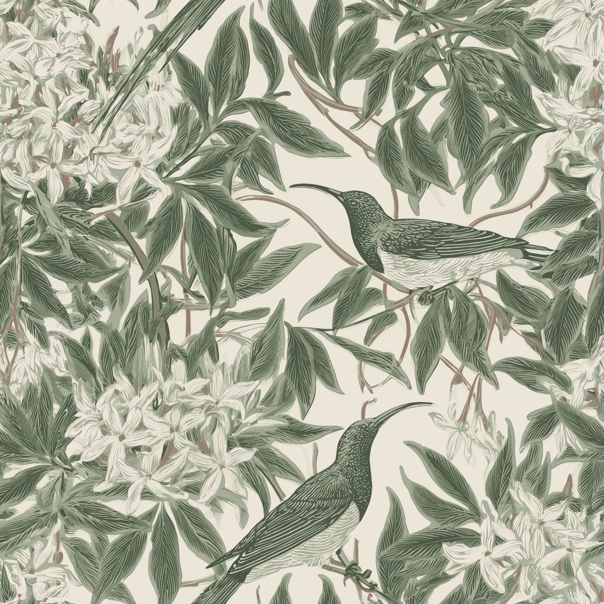 Sunbird Bower Tonal 1 Wallpaper and Wall Murals South Africa Sunbird Bower Tonal, sunbirds in sage green and cream wallpaper - WallpaperOnline
