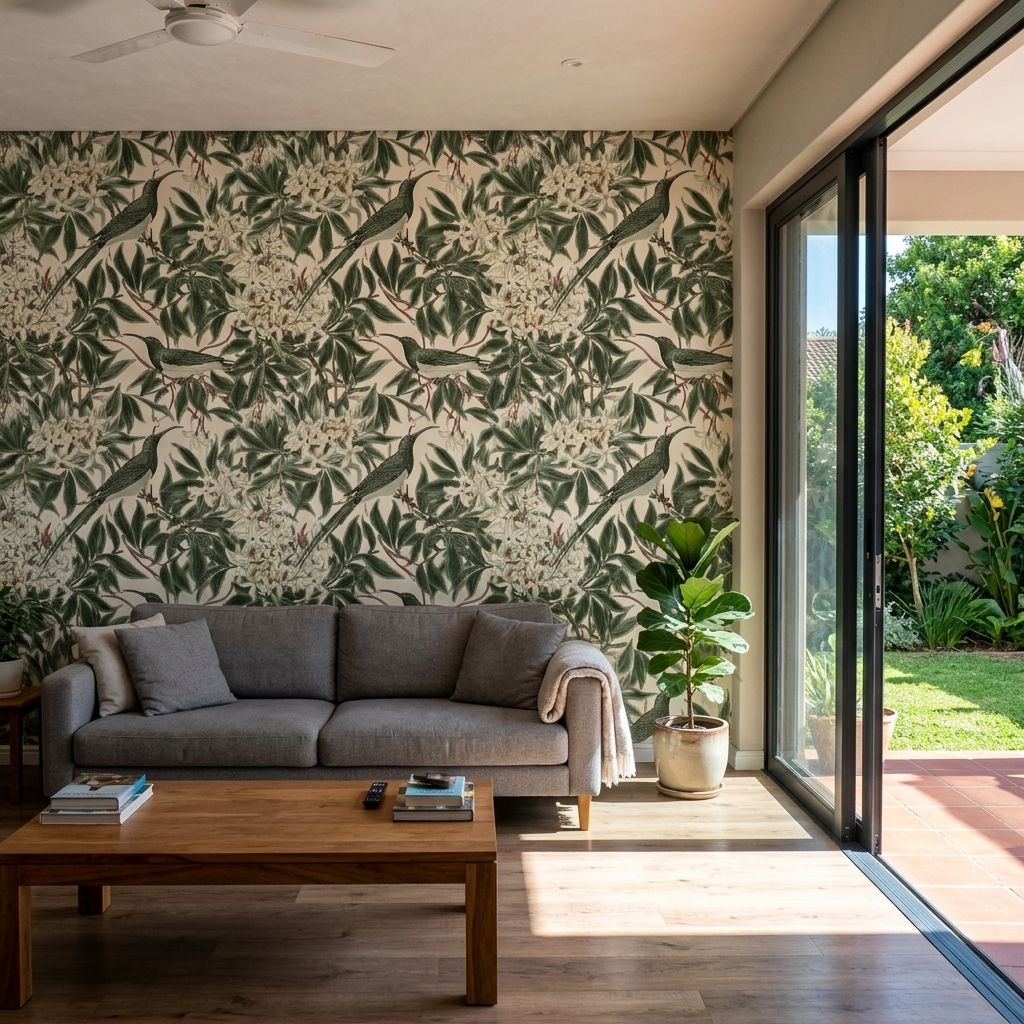 Sunbird Bower Parchment 2 Wallpaper and Wall Murals South Africa Sunbird Bower Parchment shown in a living room
