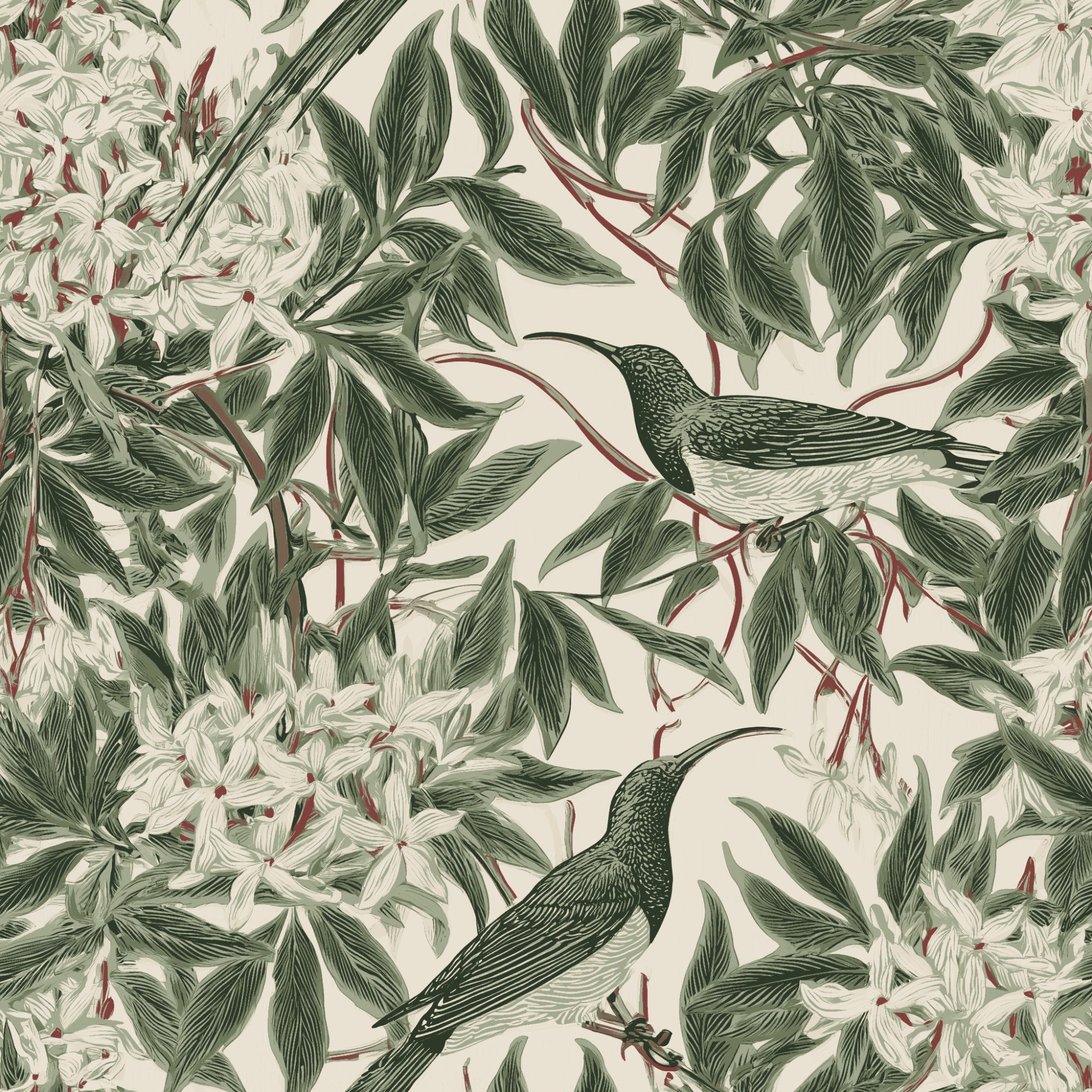 Sunbird Bower Parchment 1 Wallpaper and Wall Murals South Africa Sunbird Bower Parchment, sunbirds and blossom in sage green and parchment wallpaper - WallpaperOnline