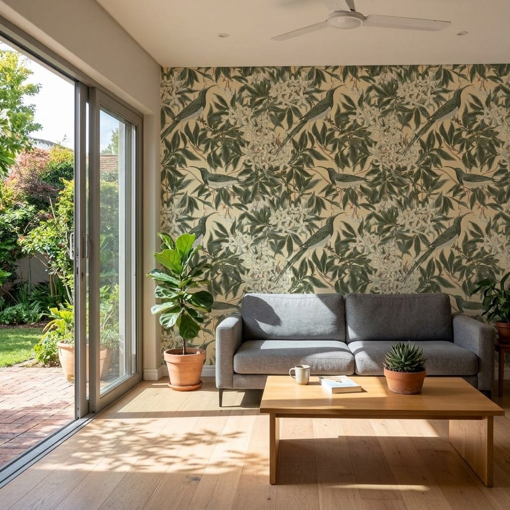 Sunbird Bower Butter 2 Wallpaper and Wall Murals South Africa Sunbird Bower Butter shown in a living room