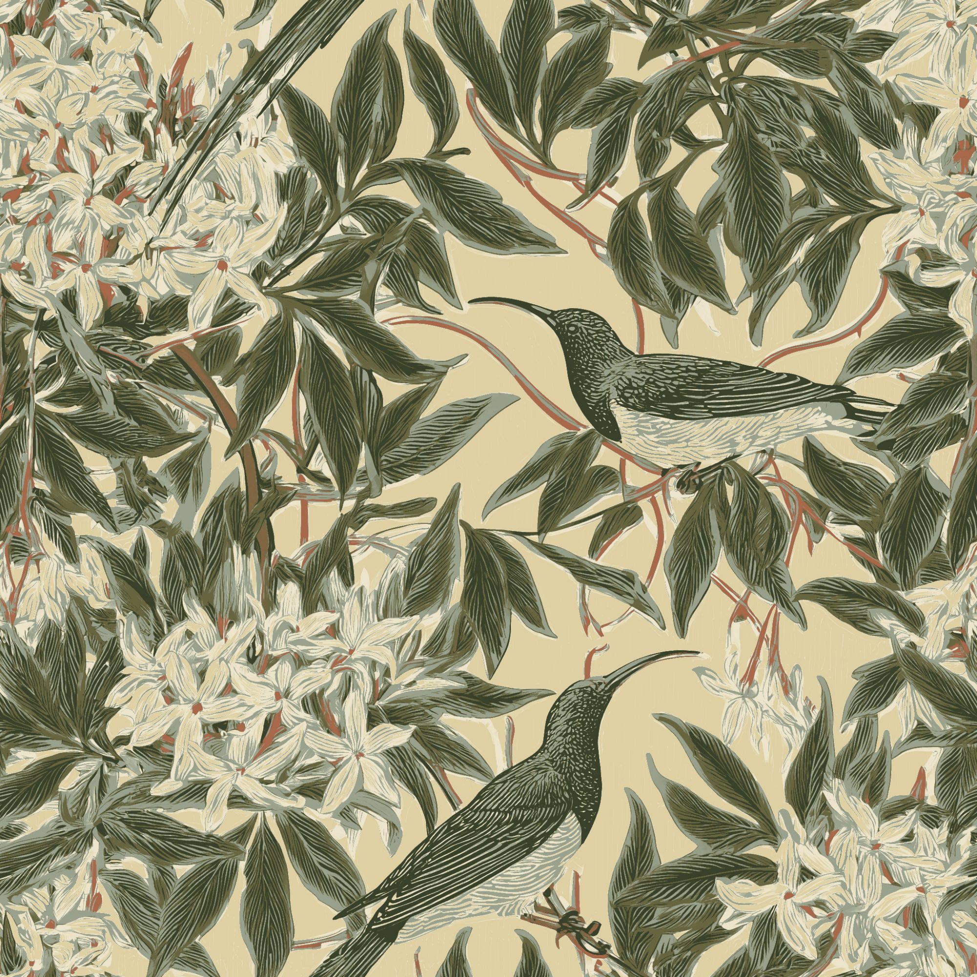 Sunbird Bower Butter 1 Wallpaper and Wall Murals South Africa Sunbird Bower Butter, sunbirds and blossom in olive, cream and butter-yellow wallpaper - WallpaperOnline
