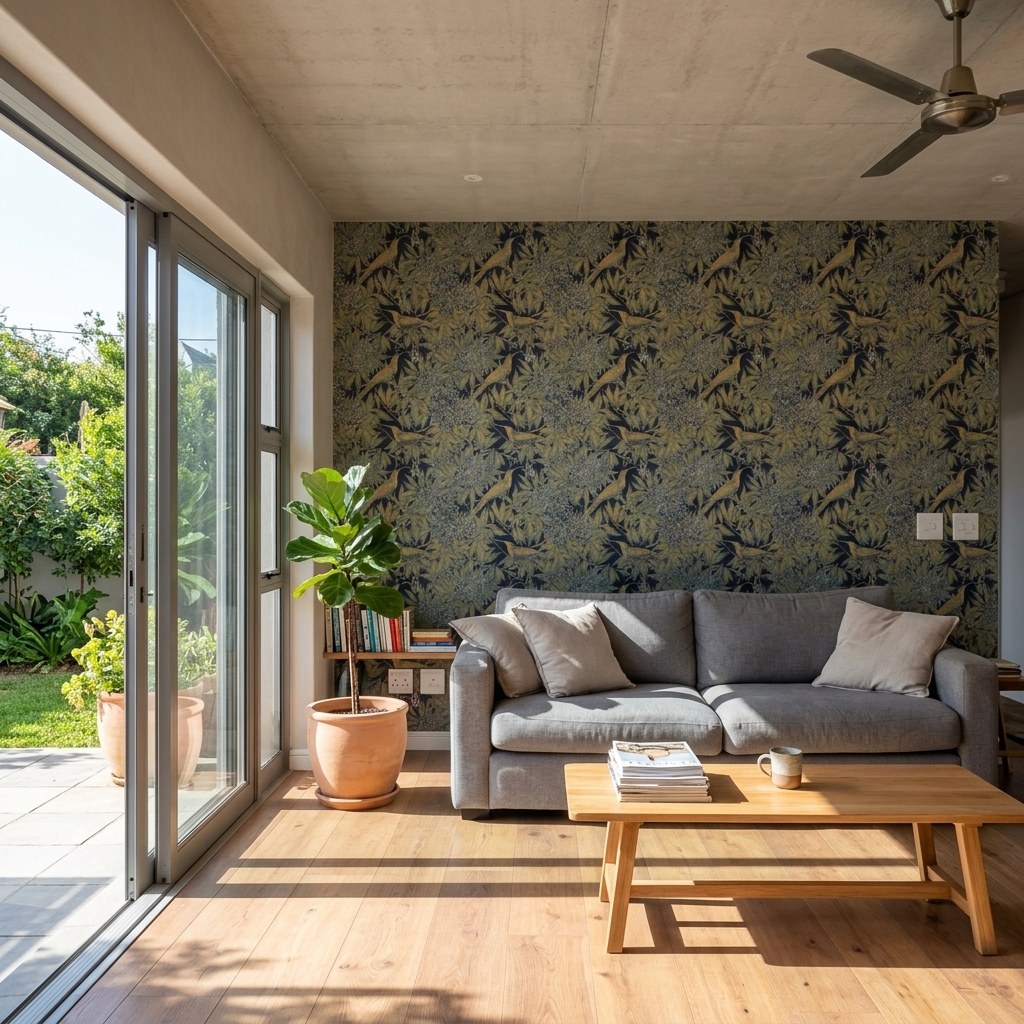 Sunbird Bower Ink 2 Wallpaper and Wall Murals South Africa Sunbird Bower Ink shown in a living room