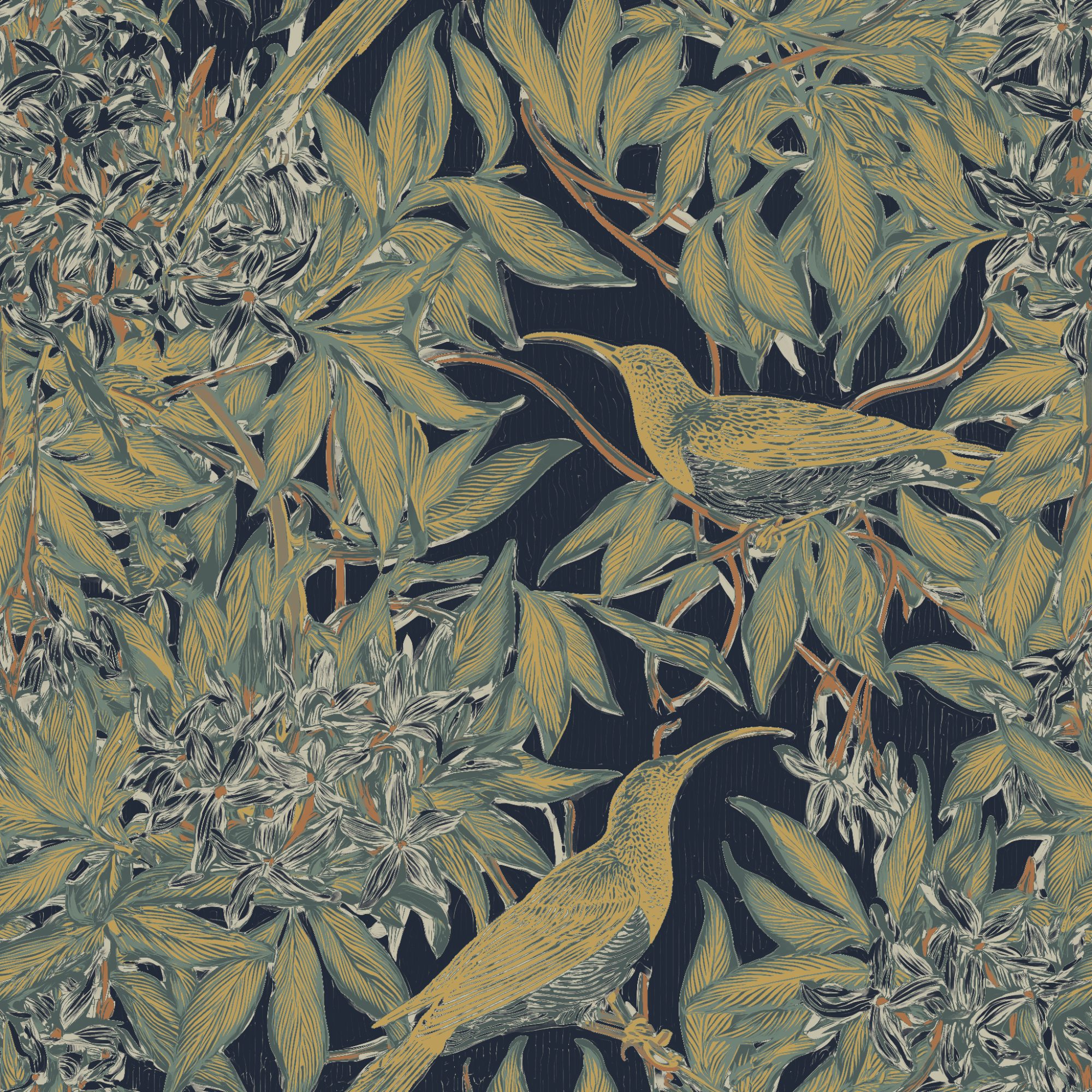 Sunbird Bower Ink 1 Wallpaper and Wall Murals South Africa Sunbird Bower Ink, sunbirds and foliage in ink navy, mustard and sage wallpaper - WallpaperOnline