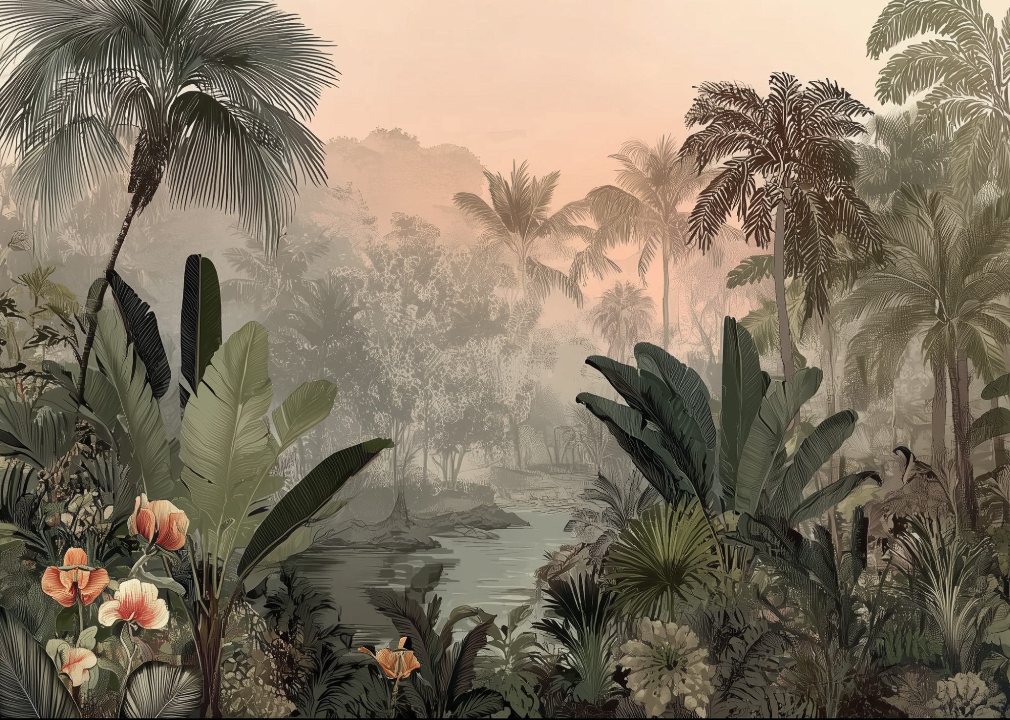 Tropical Dusk Mural 2 Wallpaper and Wall Murals South Africa Tropical Dusk Mural, misty jungle scene in green, pink and grey mural - WallpaperOnline