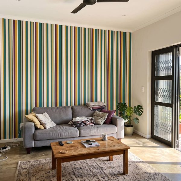 How to use the wallpaper room visualiser 6 Wallpaper and Wall Murals South Africa Uneven Stripe Botanical Triad shown in a living room
